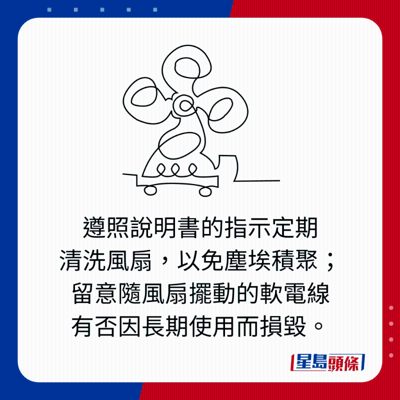 遵照說明書的指示定期 清洗風扇，以免塵埃積聚； 留意隨風扇擺動的軟電線 有否因長期使用而損毀。