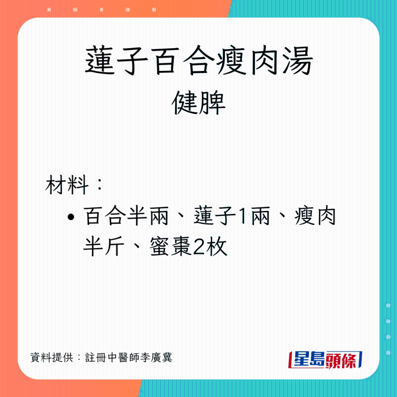 健脾生髮湯水:蓮子百合瘦肉湯 材料