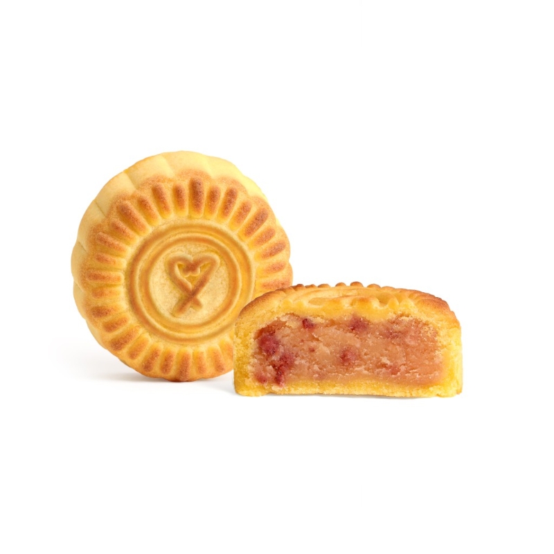 草莓乳酪月餅的乳酪餡料軟滑夾雜草莓干