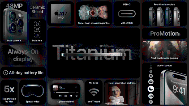 iPhone 15 Pro改用全新圓弧形鈦金屬邊框及更堅硬的玻璃，當中鈦金屬采用航天級數，堅固得來不失輕盈