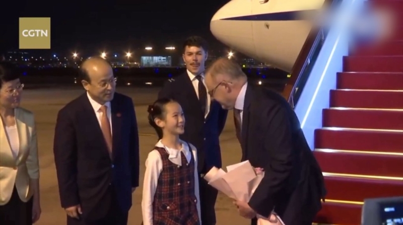 小女孩向阿爾巴尼斯獻上花束。 CGTN