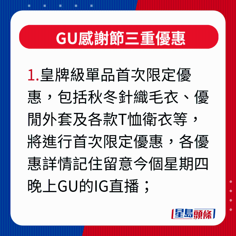 GU感謝節三重優惠，1.皇牌級單品首次限定優惠，包括秋冬針織毛衣、優閑外套及各款T恤衛衣等，將進行首次限定優惠，各優惠詳情記住留意今個星期四晚上GU的IG直播;