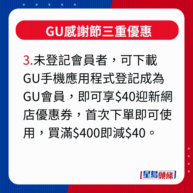 GU感謝節三重優惠，未登記會員者，可下載GU手機應用程序登記成為GU會員，即可享$40迎新網店優惠券，首次下單即可使用，買滿$400即減$40。