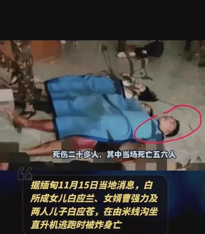 報道指，白所成女兒白應蘭、女婿曹強力和二兒子白應蒼坐直升機逃跑被炸死。
