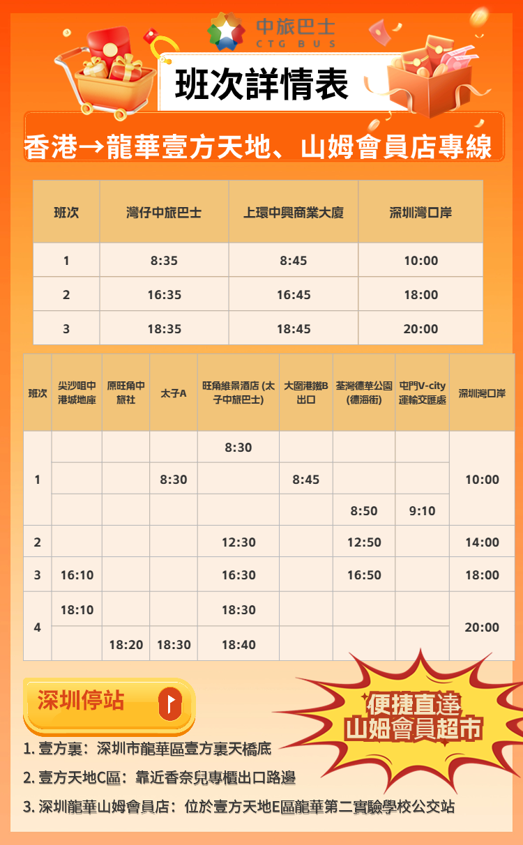 香港-深圳龍華壹方天地、山姆會員店班次表