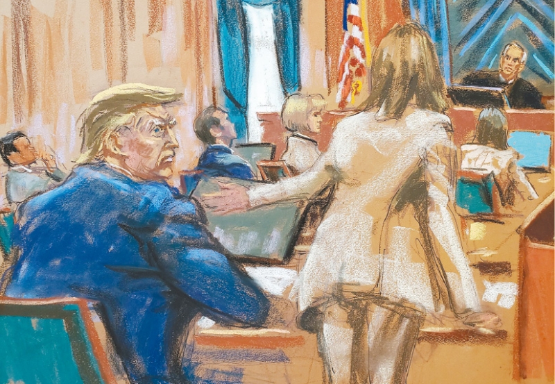 特朗普在在愛州黨團會議中的壓倒性勝利后，16日就專欄作家卡羅爾新一宗誹謗案于紐約出庭。入稟的卡羅爾求償至少1000萬元。 路透社素描圖片