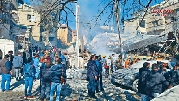 遭空襲摧毀的大馬士革梅澤區建筑物。