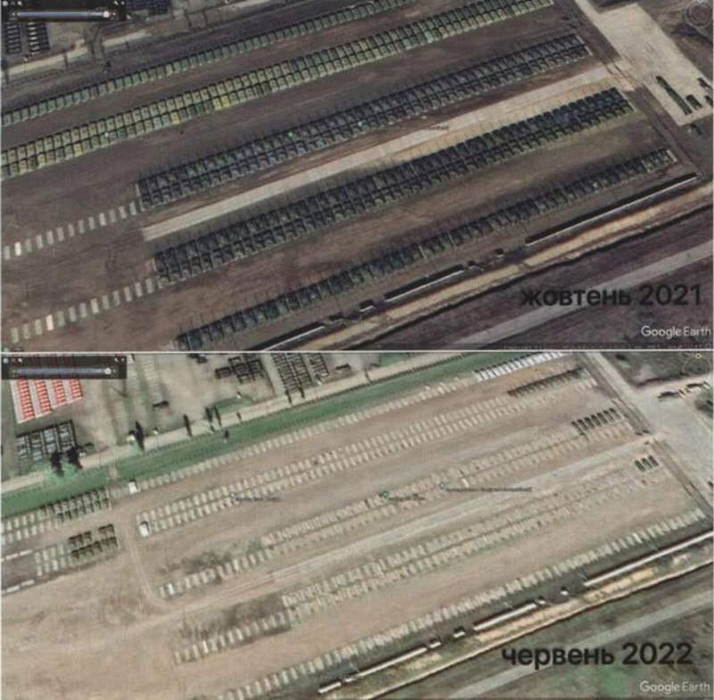 俄羅斯坦克裝甲車儲存基地有數千輛坦克，從2021年與2022年衛星照片可以看出戰爭消耗大量的坦克裝甲車。Google Earth