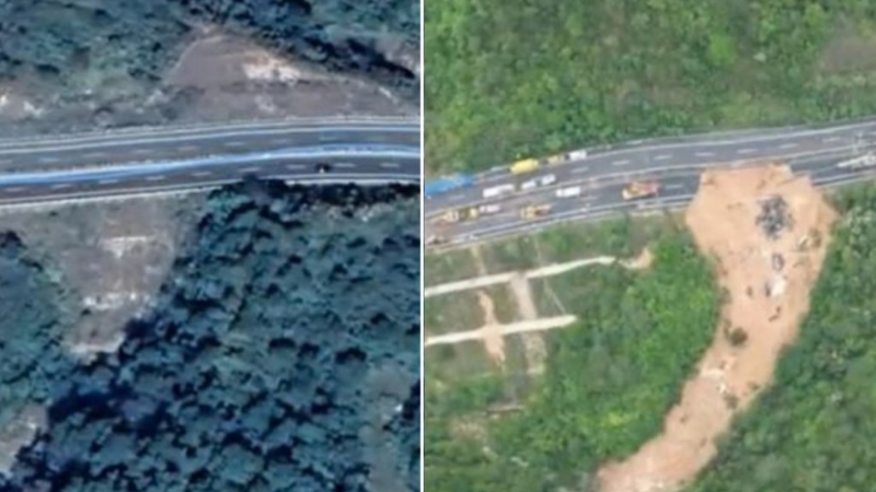 衛星圖對比梅大高速塌陷事前事后慘況。