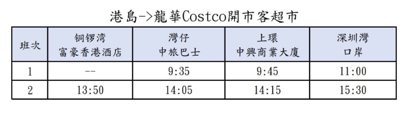 香港各區往 龍華 Costco (北行) 時間表 香港各區往 龍華 Costco (北行) 時間表