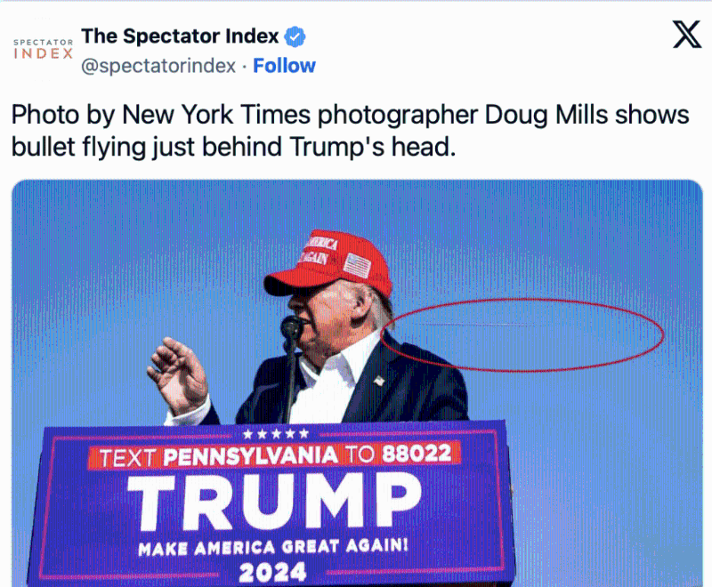 《紐約時報》（The New York Times）資深攝影記者米爾斯（Doug Mills）疑似拍到子彈在特朗普頭部附近呼嘯而過的震撼畫面。社交平臺X截圖