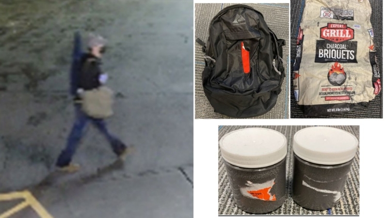 羅德里格斯被拍下行蹤，用黑色背囊裝炸彈，圖在中國駐華府大使館外引爆。 美國司法部圖片