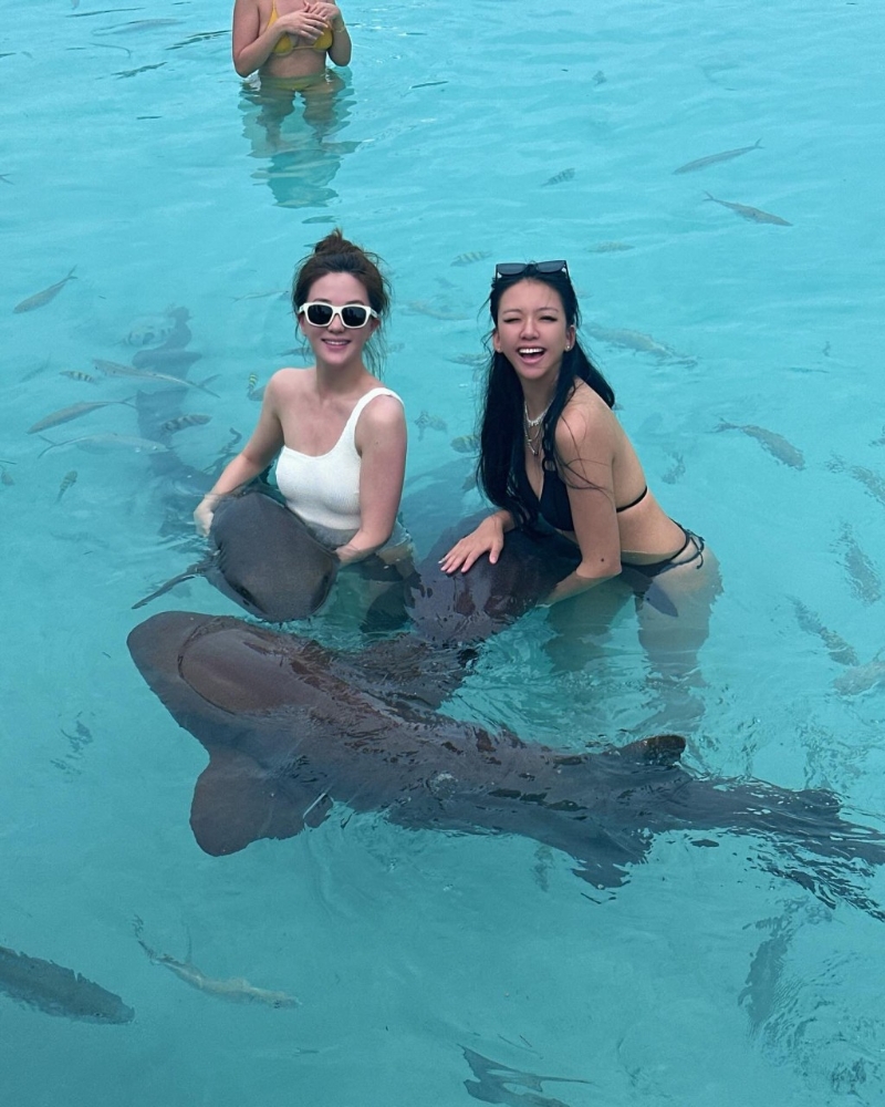 梁嘉瑩5月和友人去了位于巴哈馬的“豬島”享受陽光與海灘，與豬和鯊魚暢泳。