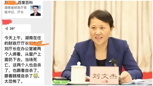 網傳湖南財政廳女廳長劉文杰被人扔下樓死亡，兇手隨后也跳樓自殺。