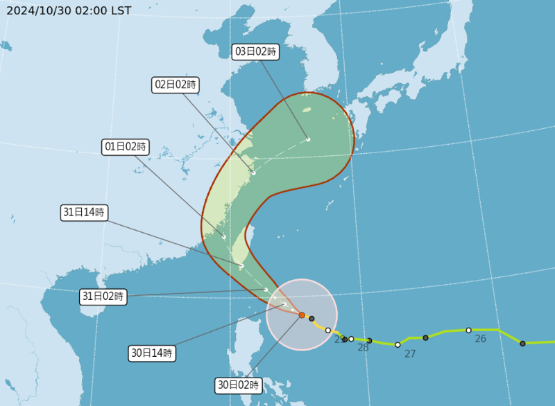 氣象署今晨5點半發布陸上臺風警報，依目前路徑來看，康芮預估明天中午前后從臺東登陸。（中央氣象署提供）