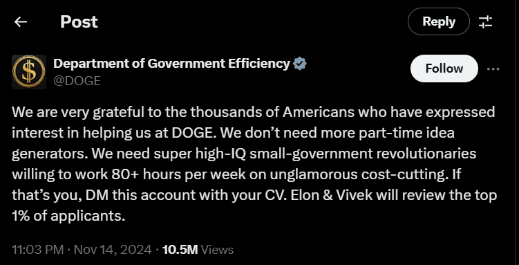 圖為“政府效率部”當地時間14日在其官方X平臺賬號上發布的招聘啟事 圖為“政府效率部”當地時間14日在其官方X平臺賬號上發布的招聘啟事