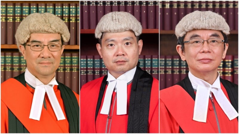 主審法官包括《香港國安法》指定法官陳慶偉、李運騰及陳仲衡（由左至右）。