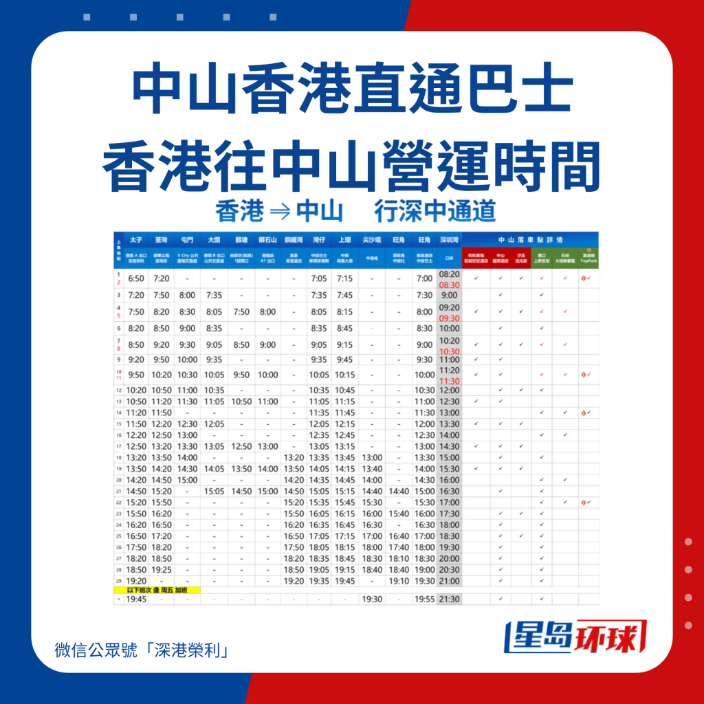 中山香港直通巴士 香港往中山營運時間 中山香港直通巴士 香港往中山營運時間