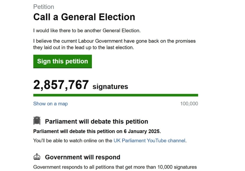 日前有英國人在國會官方網站發起聯署，要求提早大選，目前已有逾285萬人英國人簽署。