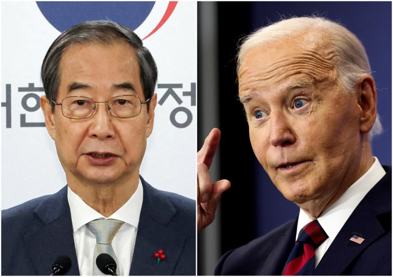 南韓總統尹錫悅14日因戒嚴風波遭國會通過彈劾，美國總統拜登15日上午和南韓代理總統、國務總理韓悳洙（上圖左）通話。（路透社）