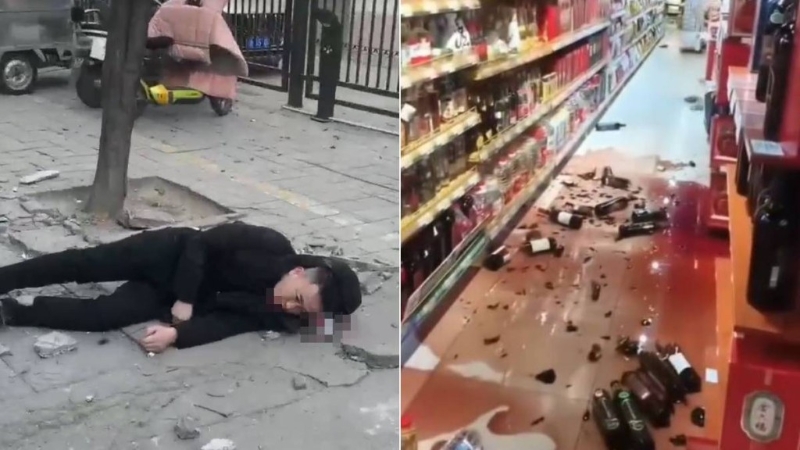 寧夏銀川永寧縣發生4.8級地震，有民眾被震碎的外墻物料擊傷倒地，超市貨架紅酒被震跌。