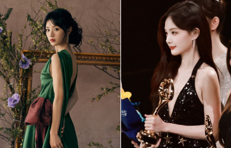 田曦薇（左）穿著Imane Ayissi 2023秋冬高定禮服，李一桐則是黑色長裙亮相，胸前深V剪裁讓好身材一覽無遺。.png