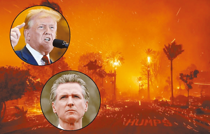 洛杉磯大山火引發加州州長紐森與候任總統特朗普隔空交鋒，紐森早前對特朗普的個人攻擊表達不滿，他表示特朗普將災害政治化，忽略救援民眾。 美聯社合并圖片