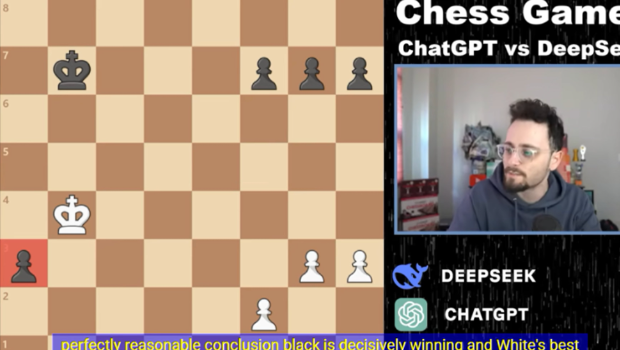 外國網站博主設定一場由DeepSeek和ChatGPT開展的一場國際象棋對弈，最後DeepSeek獲勝，觀賽網民認為DeepSeek思維邏輯更像人，而ChatGPT像機器，這是勝負的主要關鍵。（圖／快科技）