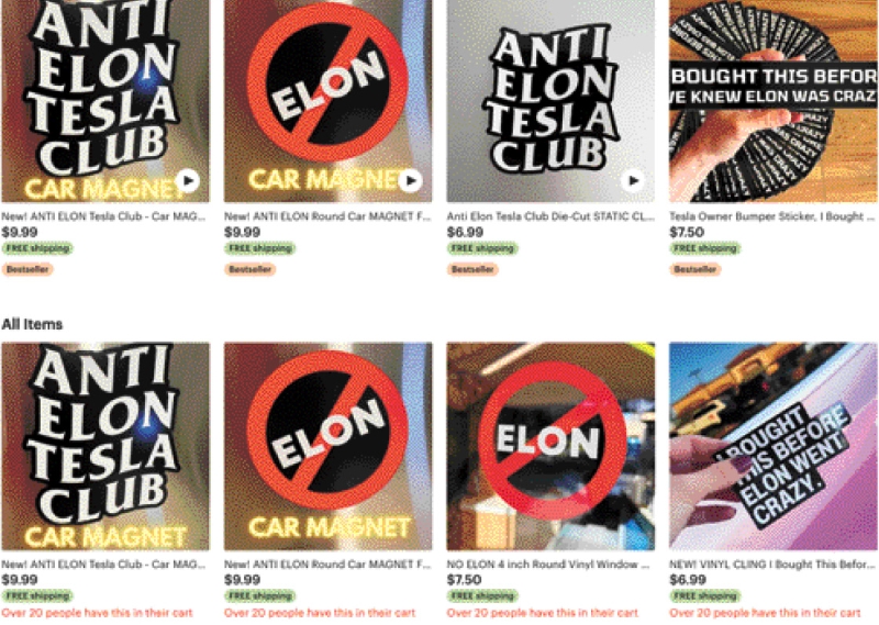 ?夏威夷設計師希勒（Matt Hiller）網店的反對馬斯克貼紙成為熱銷產品。Esty網站截屏