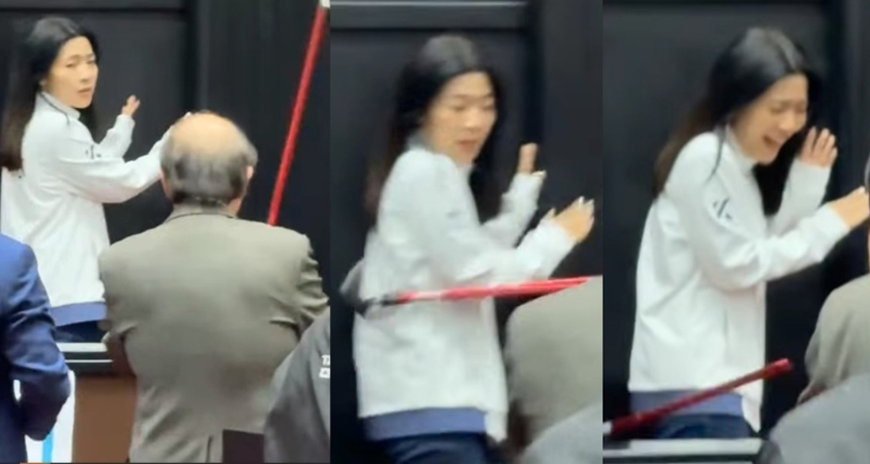 徐巧芯遭柯建銘狂砸拐杖擊中手臂，驚恐尖叫，引發藍委公憤。（合成圖／國民黨立院黨團提供）