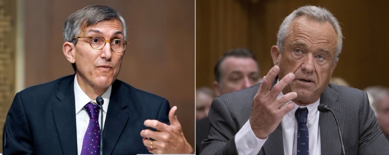 美國FDA首席疫苗專家馬克斯博士（左），因批評衛服部長肯尼迪（右），“持續散布對疫苗的錯誤、撒謊”，被迫自請辭職。美聯社