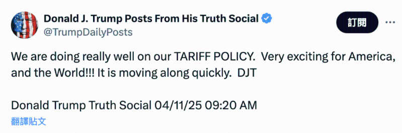 特朗普周五則在社交平臺發文，稱關稅政策做得非常好。
