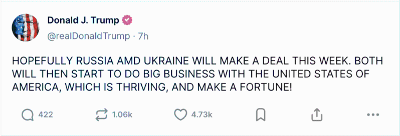 特朗普在其社交平臺寫道：“雙方將與美國做大生意”。