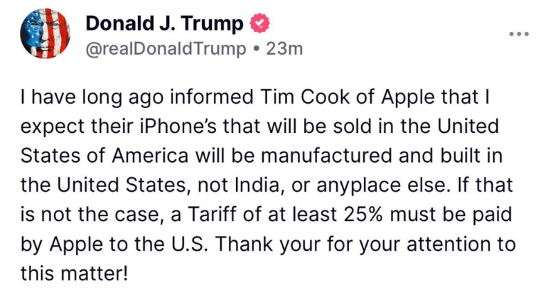 特朗普發文警告蘋果生產回歸美國本土。