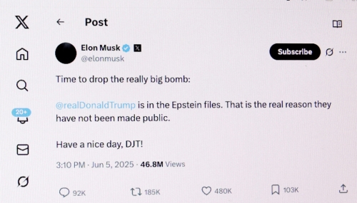 馬斯克5日在X發文聲稱，特朗普的名字也在淫魔艾普斯坦調查檔案之中。（路透）