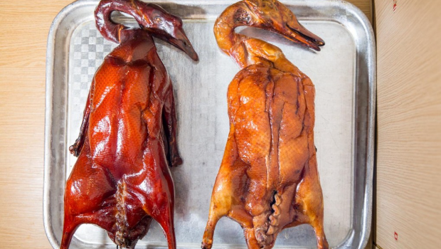 燒鵝和烤鴨放在一起比較。