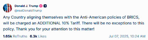 特朗普威脅向“支持金磚國家反美政策”國家加征10%關稅