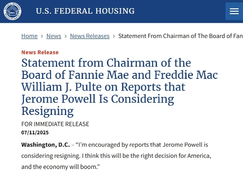 FHFA網站發布主席聲明。